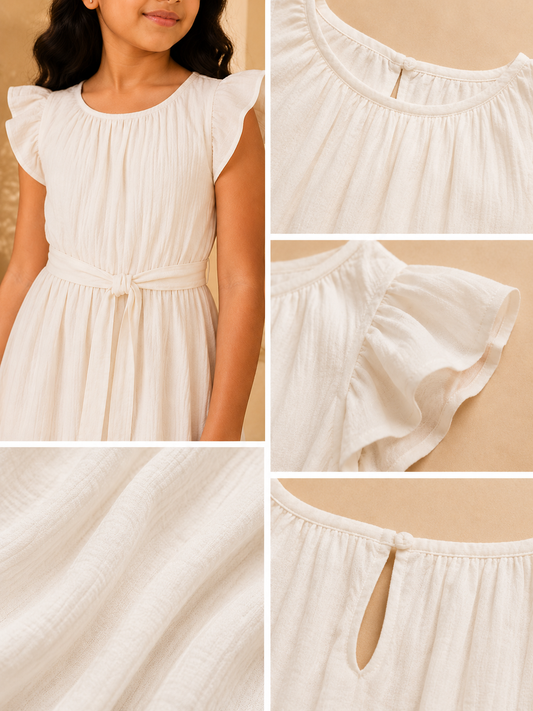 White girls short sleeve dress with subtle striped pattern and flared hem
