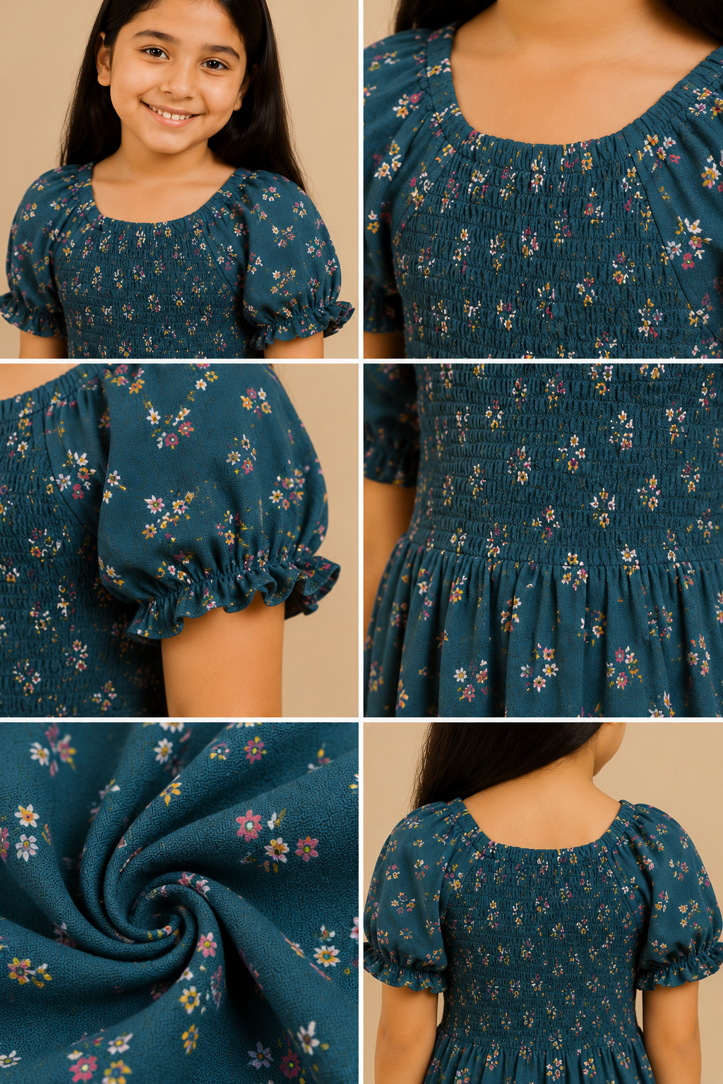 Navy blue girls floral printed short sleeve dress with gathered waist and flared hem