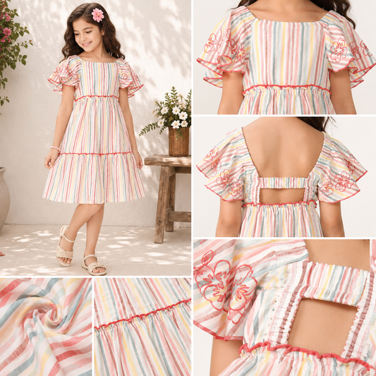 Pink and white striped girls co-ord set with ruffle sleeve top and matching shorts