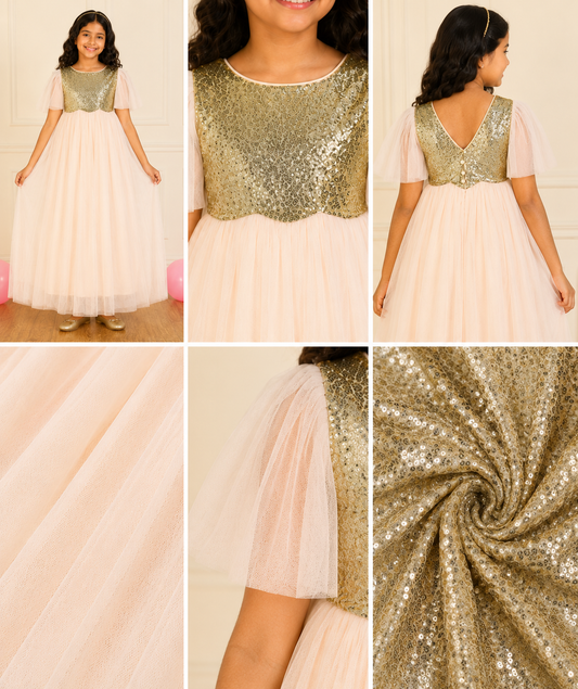 White girls layered tulle Dress with elasticated waist and flared silhouette