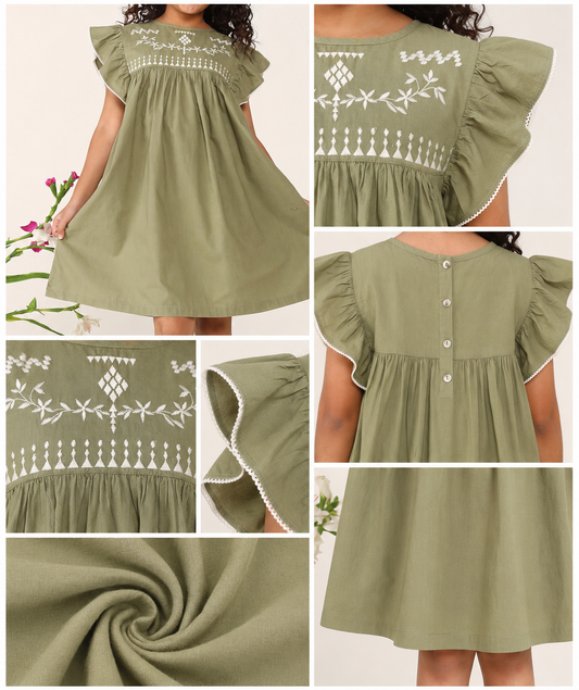 Olive green girls sleeveless fit and flare dress with ruffle detailing and flared hem