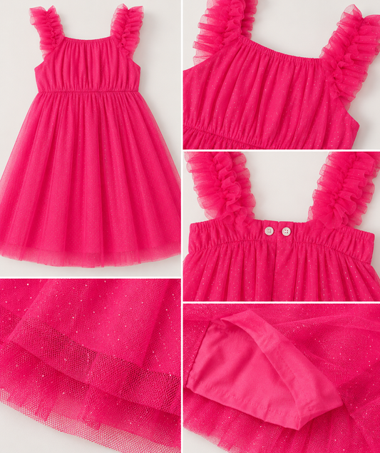 Hot pink girls sleeveless fit and flare dress with ruffle detailing and flared skirt