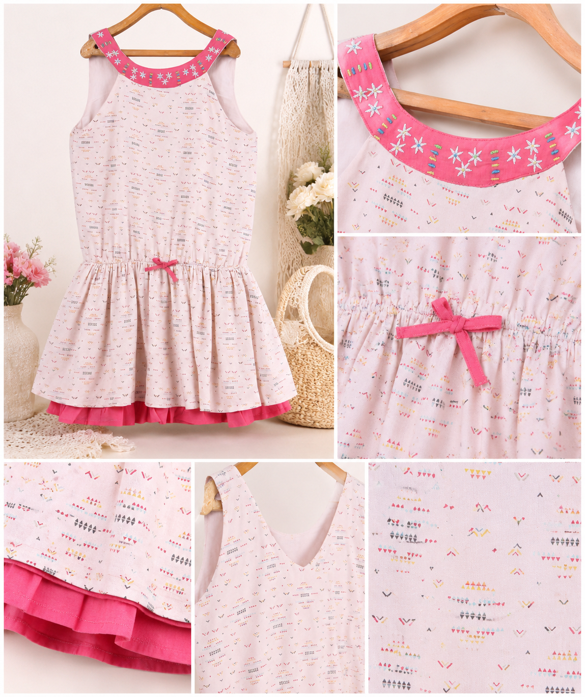 White and pink striped girls sleeveless dress with tiered ruffle hem