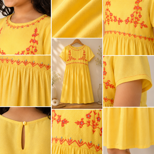 Yellow striped girls sleeveless dress with ruffle sleeves and flared hem