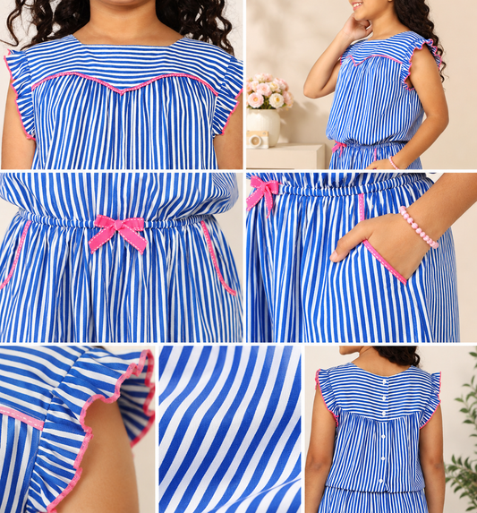 Blue girls co-ord set with ruffle sleeve top and matching shorts