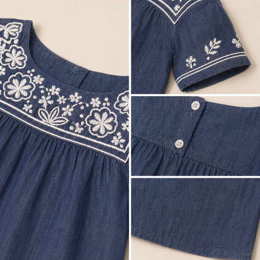 Blue girls short sleeve top with white floral embroidery and gathered detailing