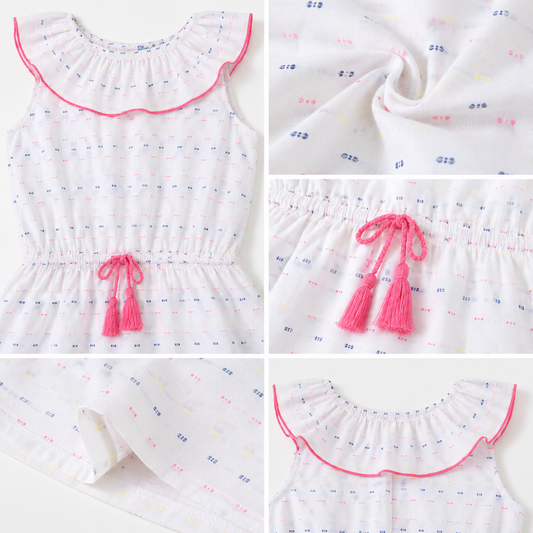 White and pink striped girls sleeveless dress with ruffle neckline and tassel detailing