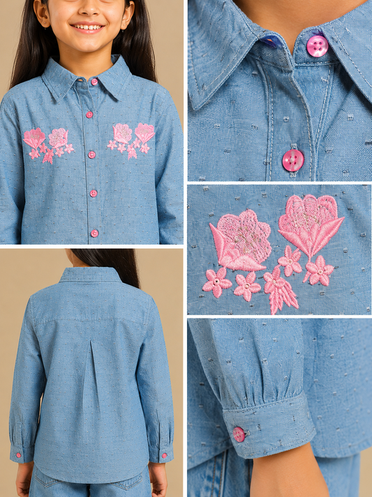 Blue girls long sleeve sweatshirt with pink floral embroidery