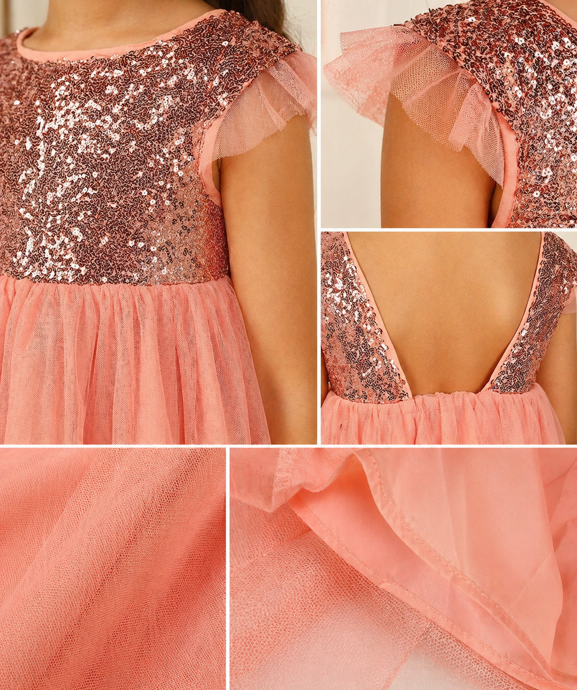 Coral pink girls off-shoulder dress with ruffle neckline and flared skirt