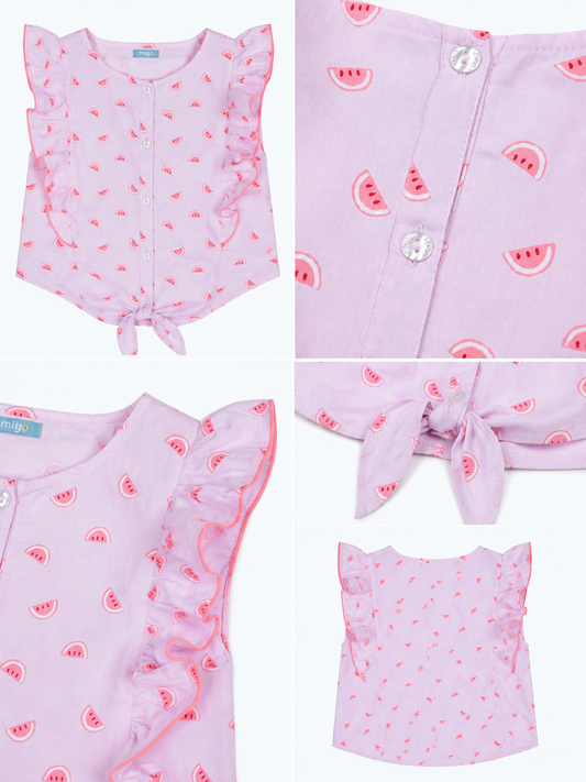 Pink floral printed girls sleeveless romper with ruffle sleeves and shorts