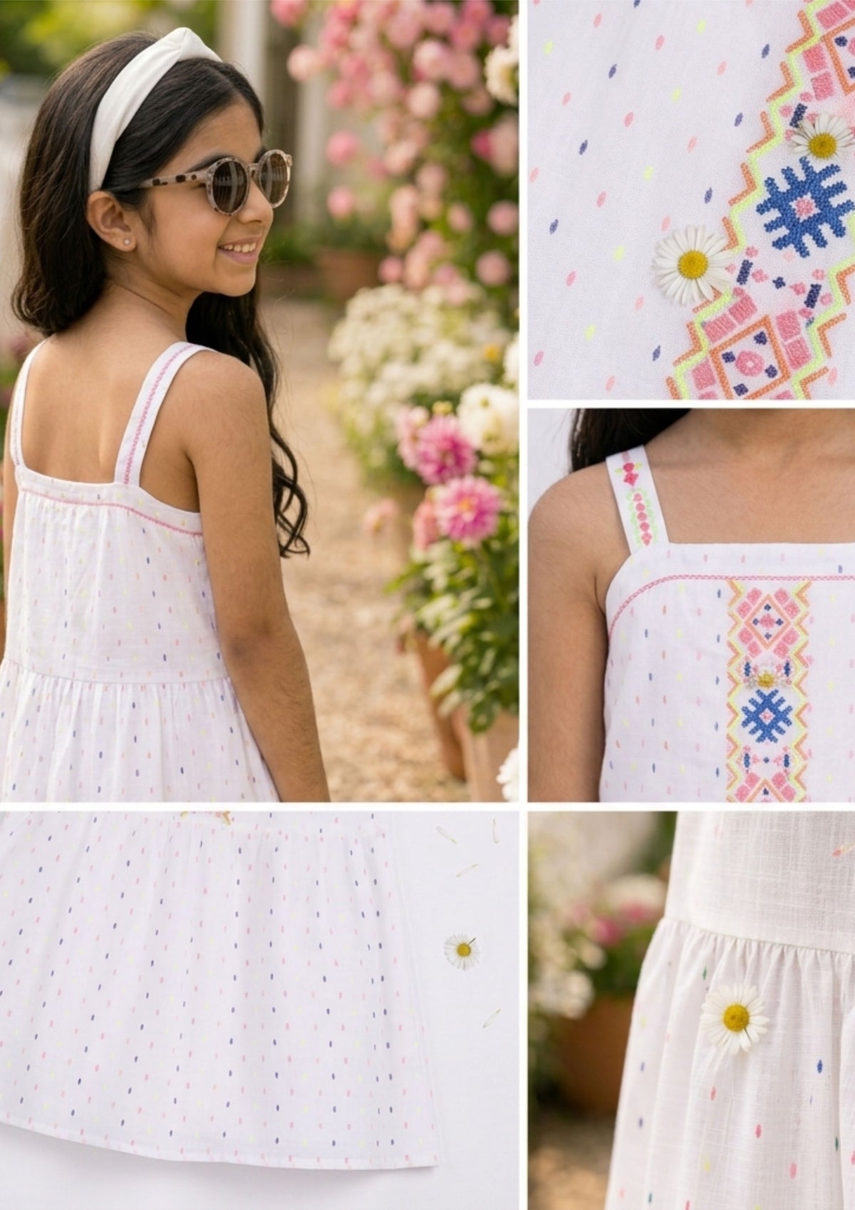 White girls sleeveless striped maxi dress with colourful embroidered detailing