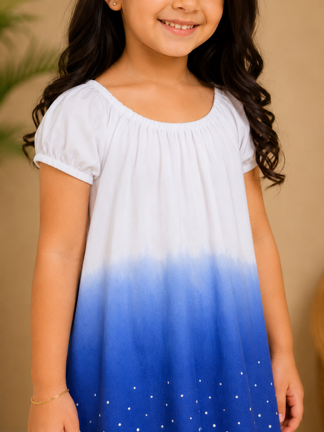 White and navy blue ombre girls sleeveless A-line dress with flared hem