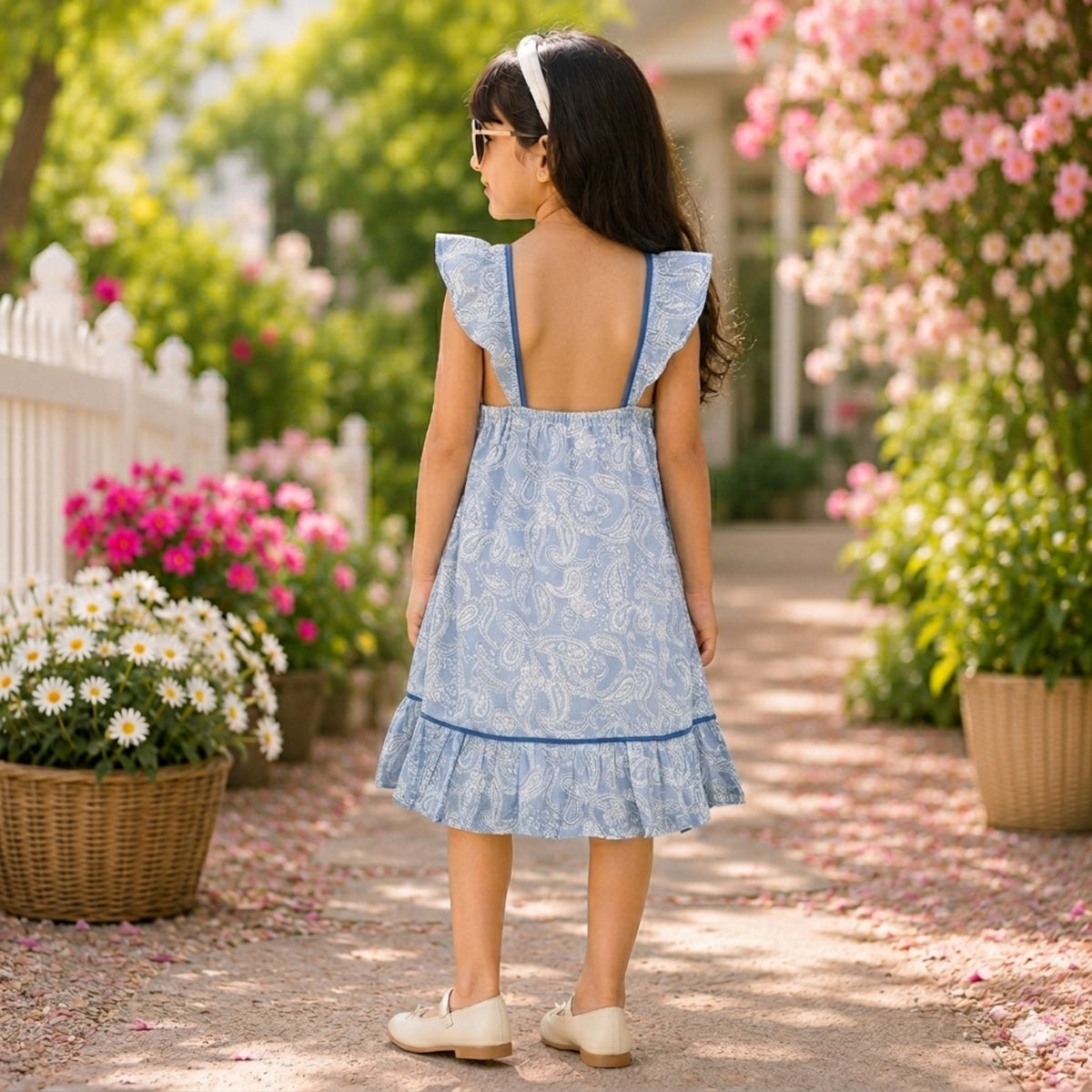 Blue girls striped short sleeve dress with layered ruffle hem and gathered waist