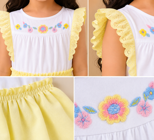 White girls sleeveless top with yellow striped skirt and gathered waist
