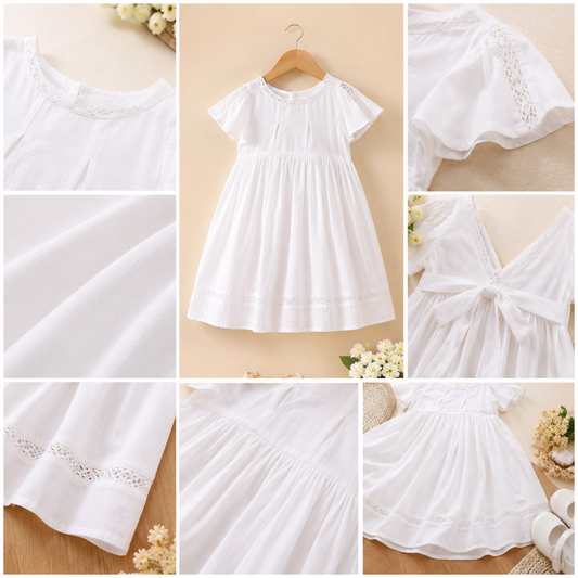 White girls short sleeve tiered dress with gathered waist and flared skirt