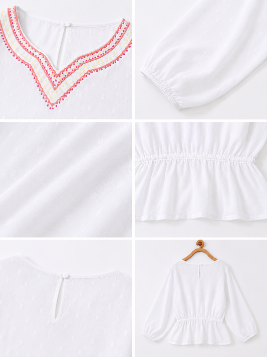 Girls Embroidered Peplum Long Sleeves Top