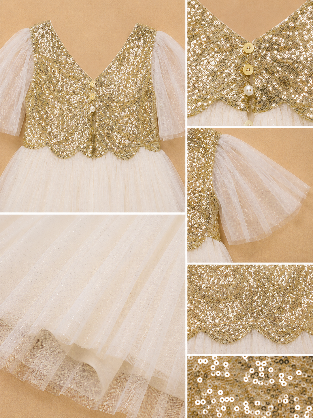 Cream girls short sleeve fit and flare dress with gathered waist and flowy skirt