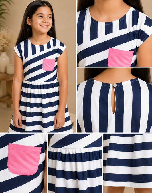 Black and white striped girls short sleeve dress with pink floral detailing and flared hem