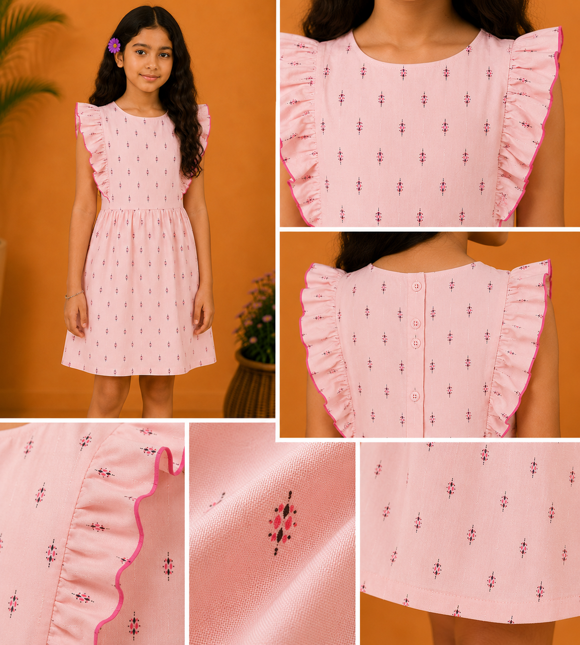 Pink and white gingham girls short sleeve dress with ruffle detailing and flared hem