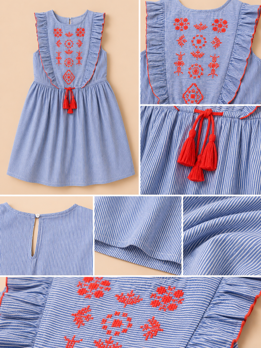 Blue girls sleeveless fit and flare dress with red striped bodice and pleated skirt