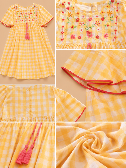 Yellow checked girls fit and flare dress with ruffle sleeves and flared skirt