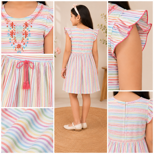White and blue striped girls sleeveless fit and flare dress with pink trim and flared skirt