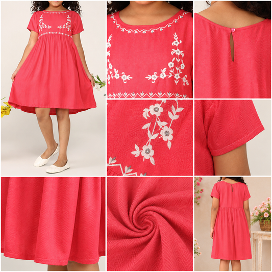 Coral red girls embroidered fit and flare dress with ruffle sleeves and flared hem