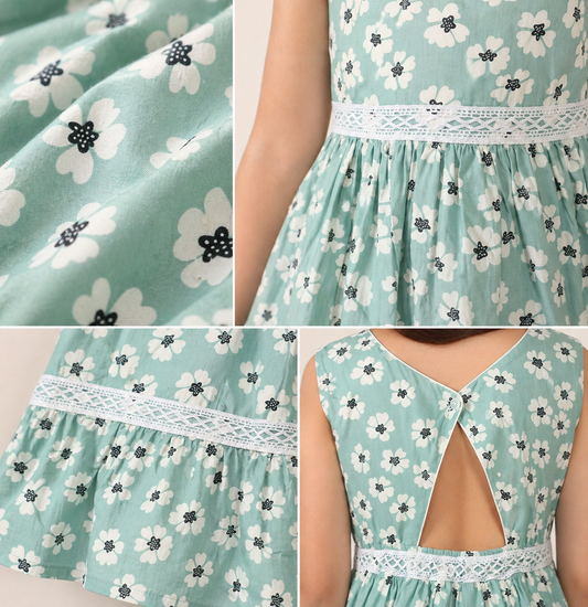 Mint green girls sleeveless top with floral printed flared skirt