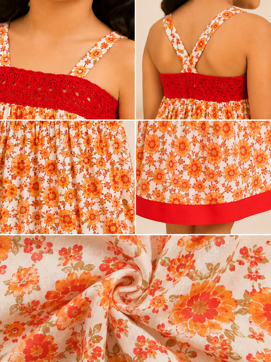 White and orange floral printed girls sleeveless dress with contrast red hem and flared skirt