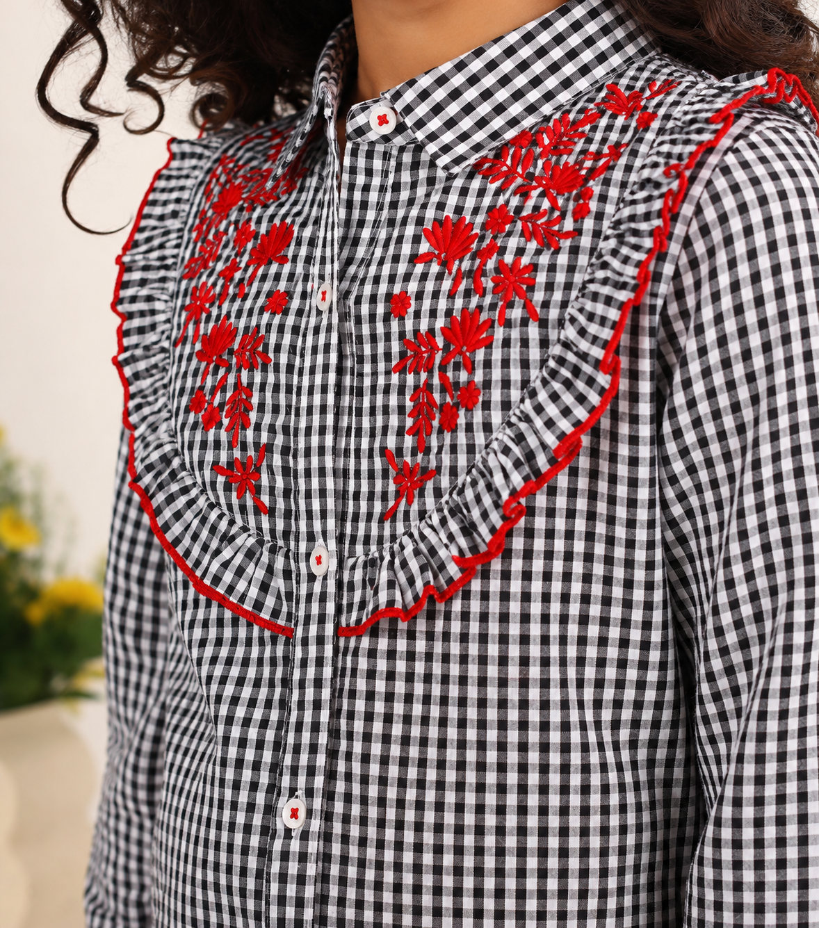 Grey girls checked short sleeve dress with red floral embroidery and ruffle detailing