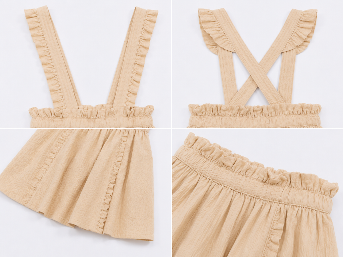 Beige girls pleated skirt with gathered waist and flared hem