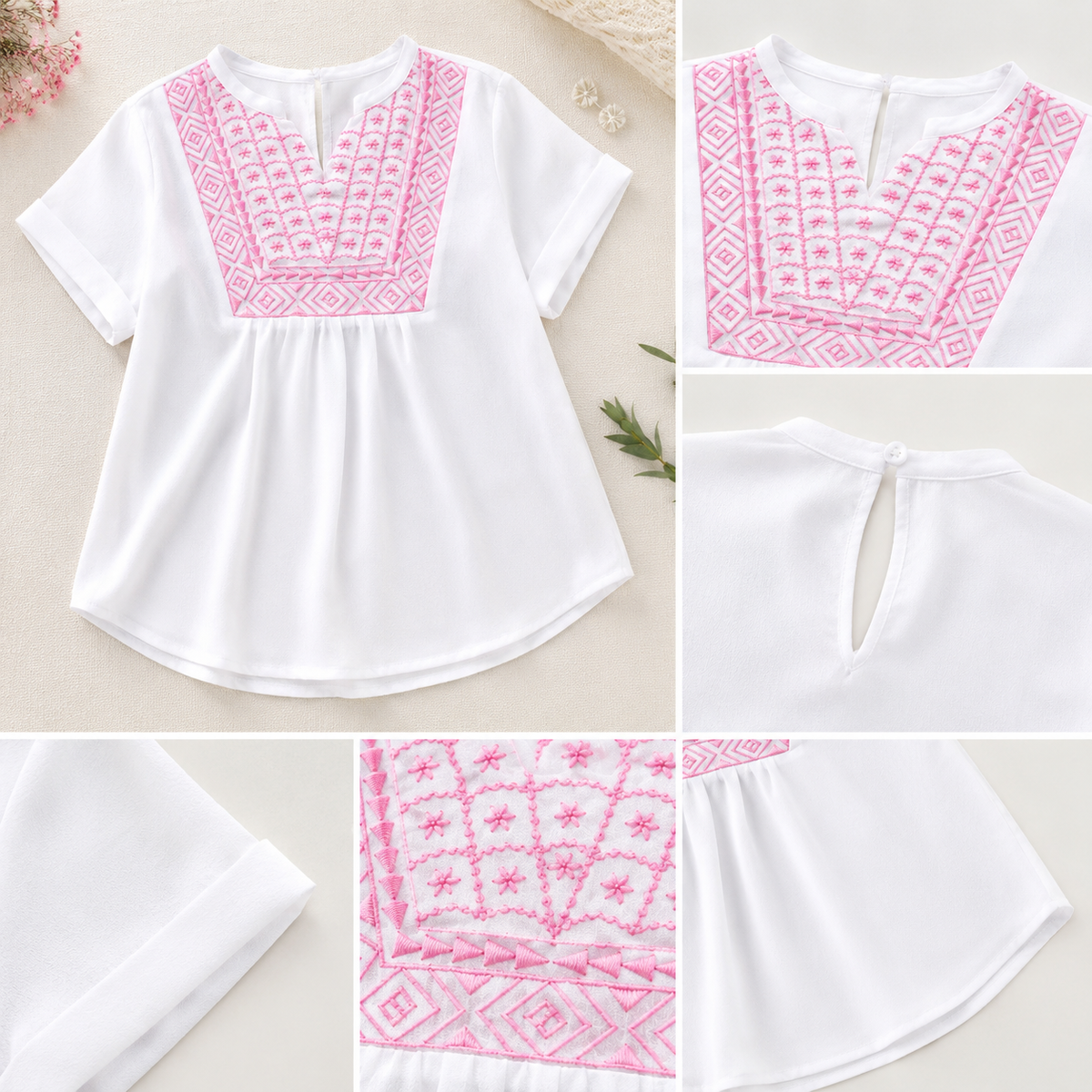 White girls short sleeve top with pink striped ruffle collar and contrast detailing