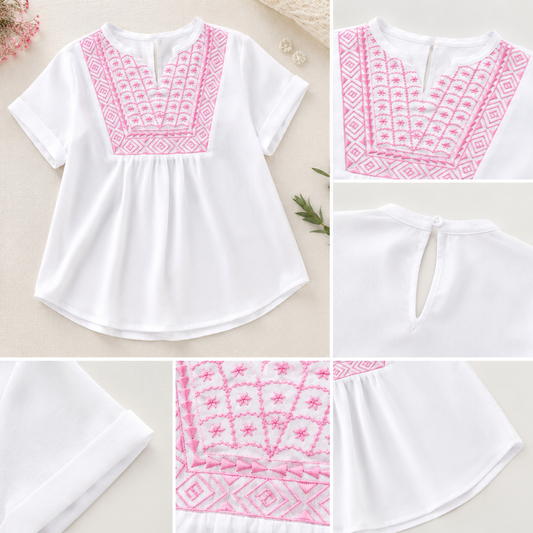 White girls short sleeve top with pink striped ruffle collar and contrast detailing