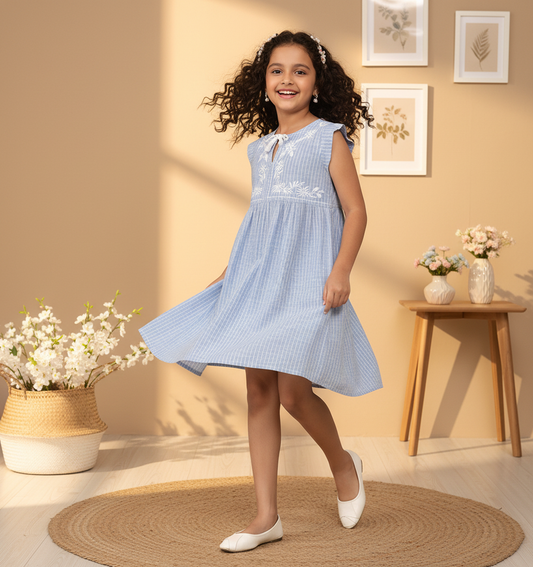 Blue girls short sleeve romper with ruffle sleeves and comfortable shorts