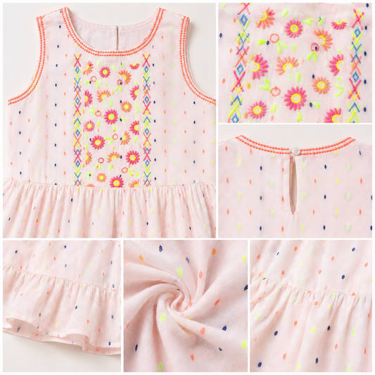 White girls sleeveless top with peach floral embroidery and ruffle detailing