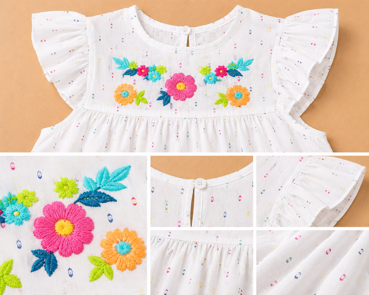 White girls short sleeve top with pink striped ruffle detailing and casual fit