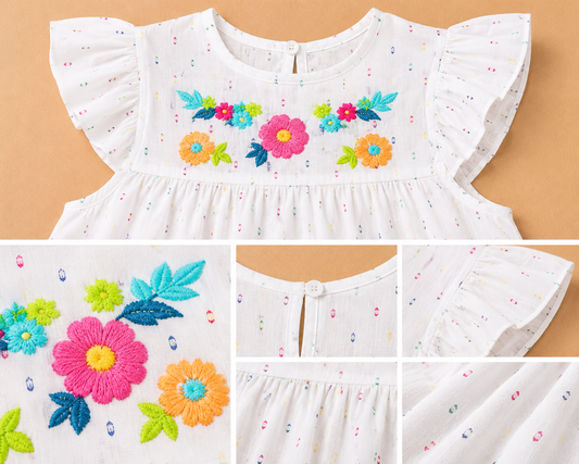 White girls short sleeve top with pink striped ruffle detailing and casual fit