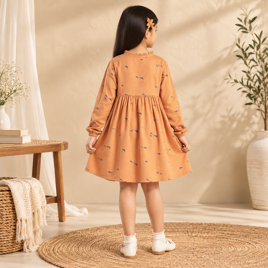 Girls Printed Ruffle Neck Dress