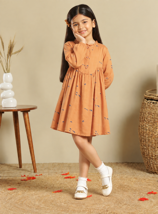 Girls Printed Ruffle Neck Dress