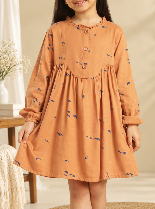 Girls Printed Ruffle Neck Dress