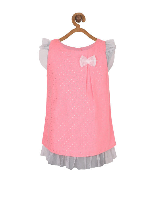Coral pink girls short sleeve top with contrast white trim and graphic detailing