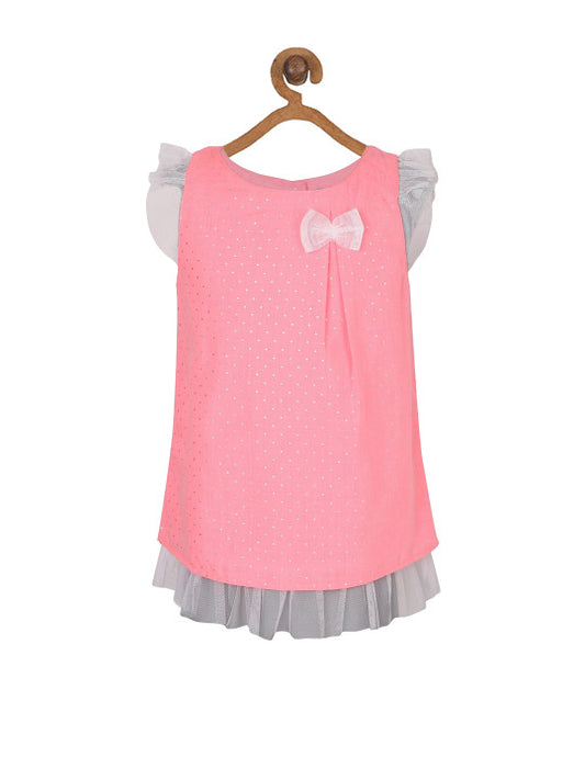 Coral pink girls short sleeve top with contrast white trim and graphic detailing