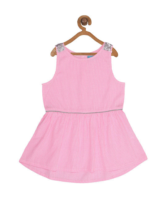 Pink girls sleeveless co-ord set with textured top and matching flared skirt