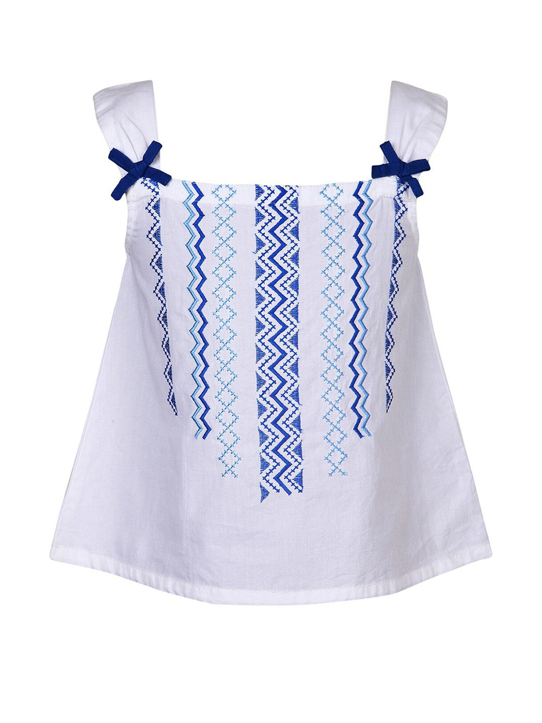 White and blue striped girls sleeveless top with ruffle straps and flared hem