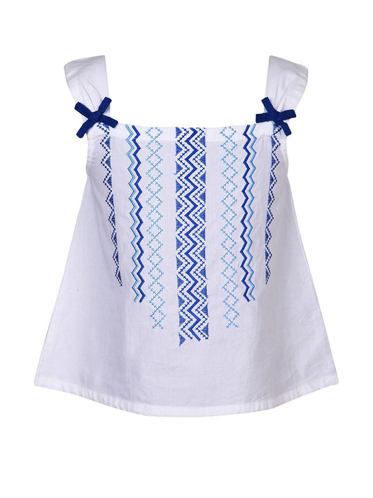 White and blue striped girls sleeveless top with ruffle straps and flared hem
