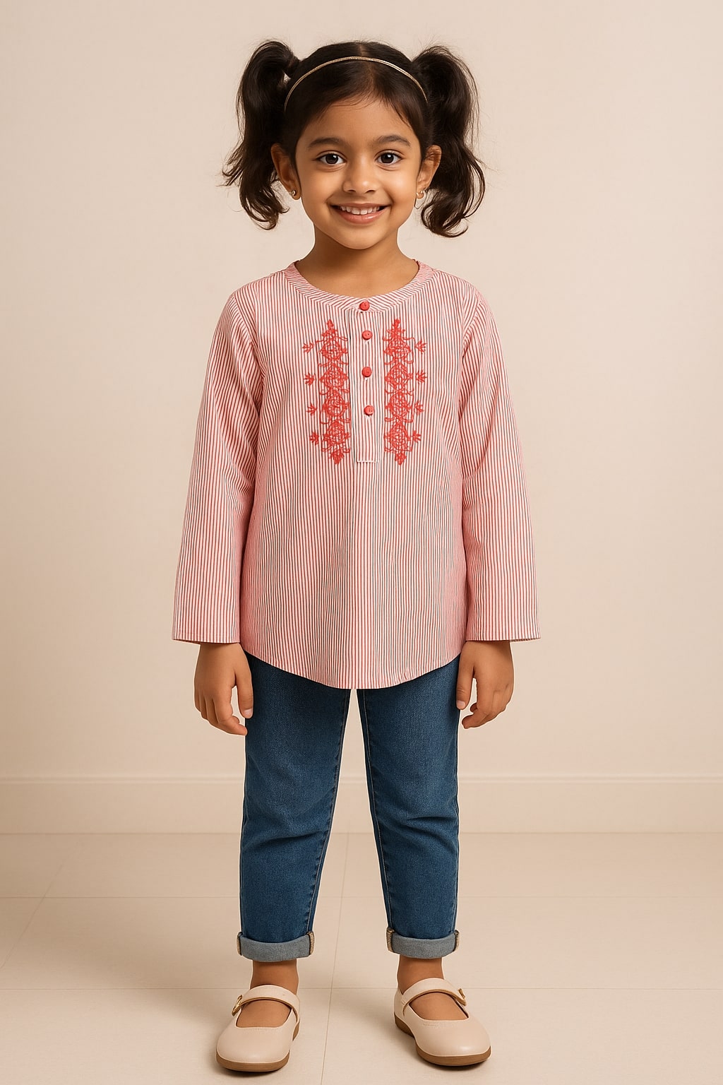 Pink girls long sleeve top with ruffle front detailing and round neckline