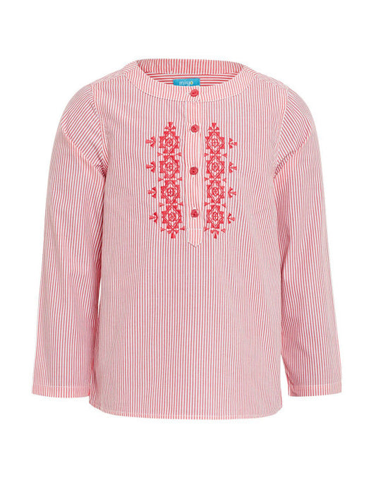 Pink girls long sleeve top with ruffle front detailing and round neckline
