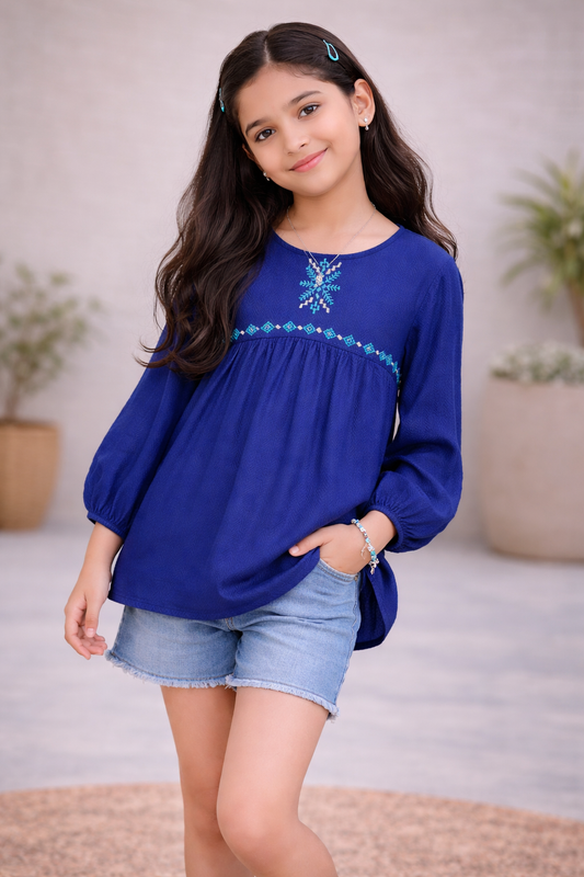 Royal blue girls long sleeve pleated dress with gathered neckline and flared hem