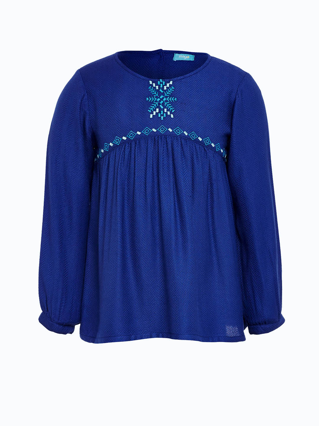 Royal blue girls long sleeve pleated dress with gathered neckline and flared hem
