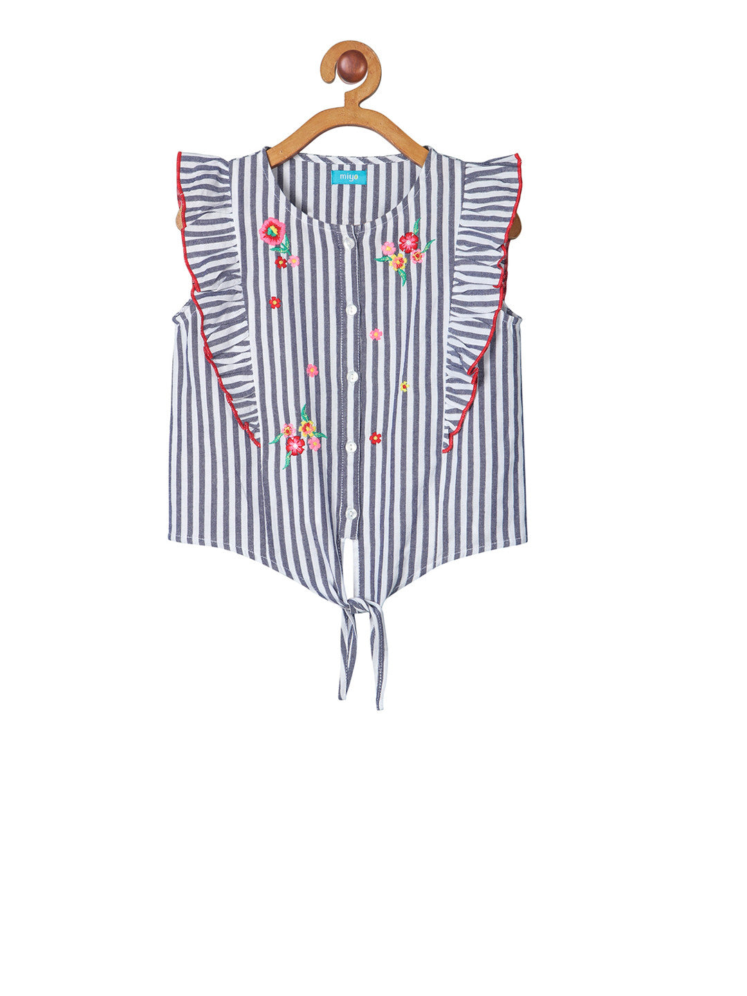 Blue and white striped girls sleeveless top with floral embroidery, ruffle detailing and tie-up hem